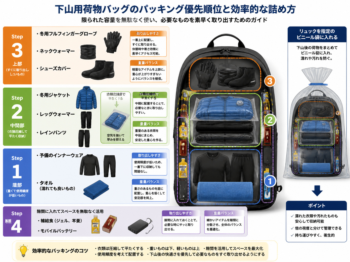 【文脈】下山用荷物バッグにパッキングすべきアイテムの優先順位と、効率的な詰め方を解説するフロー図。限られた容量を無駄なく使うためのガイド。【図解指示】縦方向のステップ図。Step 1（底部）: 予備のインナーウェア、タオル（濡れても良いもの）。Ste