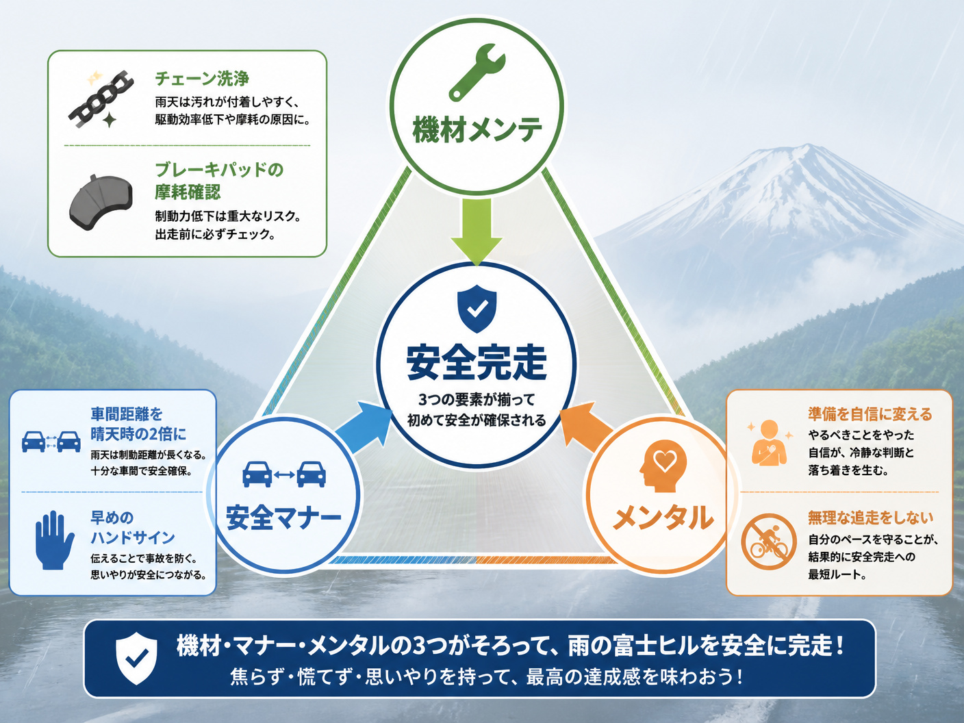 【文脈】雨の富士ヒルを安全に走り終えるための「機材・マナー・メンタル」の3要素をまとめた構造図。装備以外の重要な注意点を読者に伝える。【図解指示】三角形（トライアングル）の各頂点に要素を配置。1.「機材メンテ」: チェーン洗浄、ブレーキパッドの摩耗確