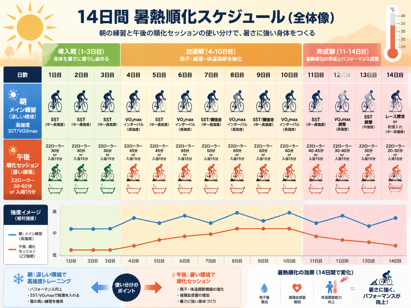 【文脈】14日間の暑熱順化スケジュールの全体像を示す図。朝の練習と午後の順化セッションの使い分けを明確にする。【図解指示】タイムライン形式の週間スケジュール表（2週間分）。上段に「朝：メイン練習（涼しい環境、高強度SST/VO2max）」、下段に「午