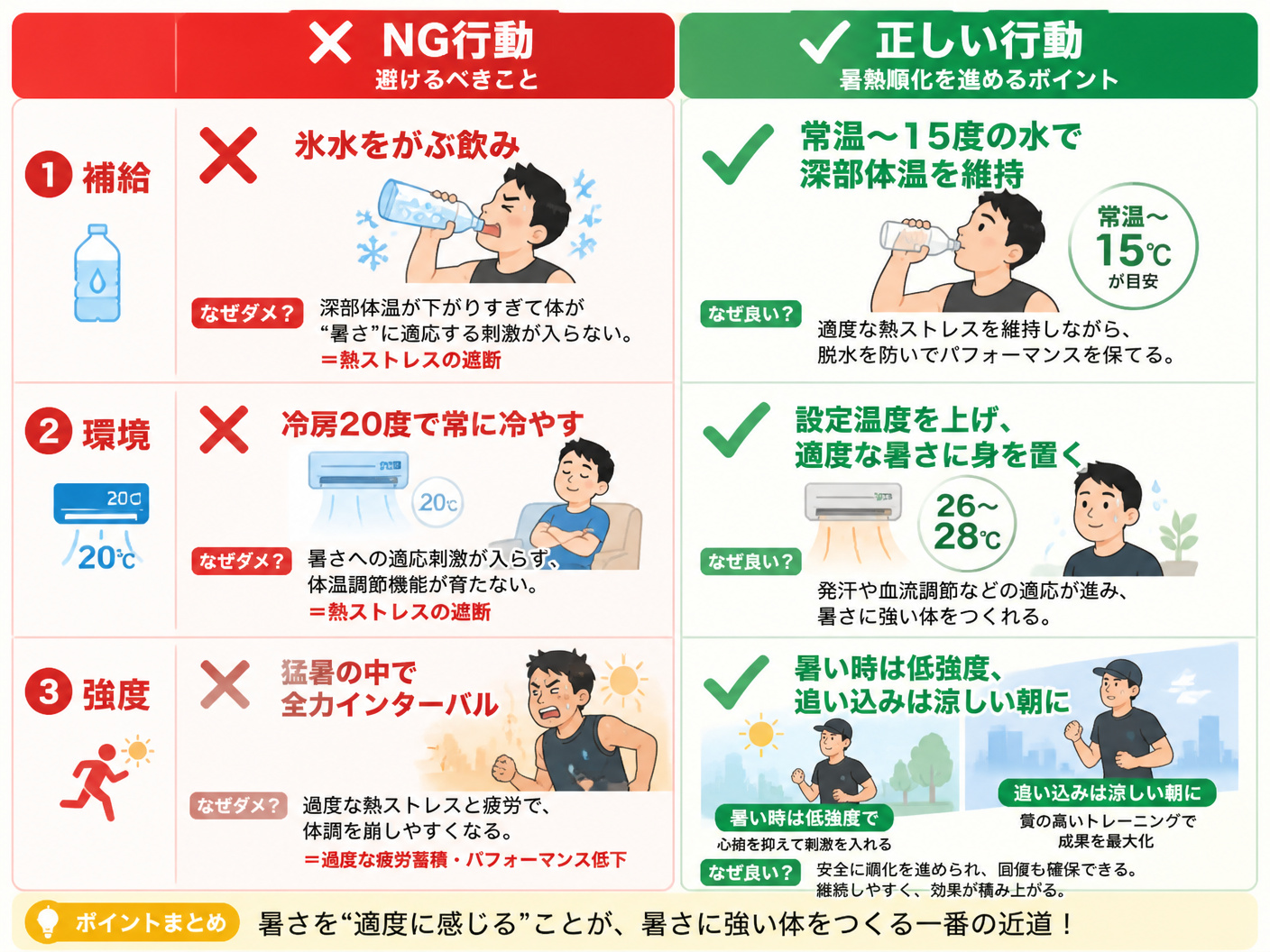 【文脈】暑熱順化中に避けるべき「NG行動」と、その理由を対比させて解説する図。読者が失敗しやすいポイントを直感的に理解させる。【図解指示】2カラムの比較表。左側に「NG行動（赤い×印）」、右側に「正しい行動（緑のチェック印）」。1. 補給：NG「氷水