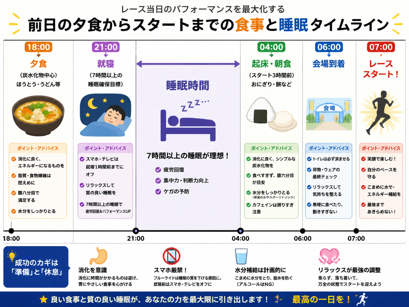 【文脈】前日の夕食から当日スタートまでの食事と睡眠のタイミングを示すタイムライン。消化時間とエネルギー補給の最適解を視覚化する。【図解指示】24時間のタイムライン形式。18:00:夕食(炭水化物中心、ほうとう・うどん等)、21:00:就寝(7時間以上