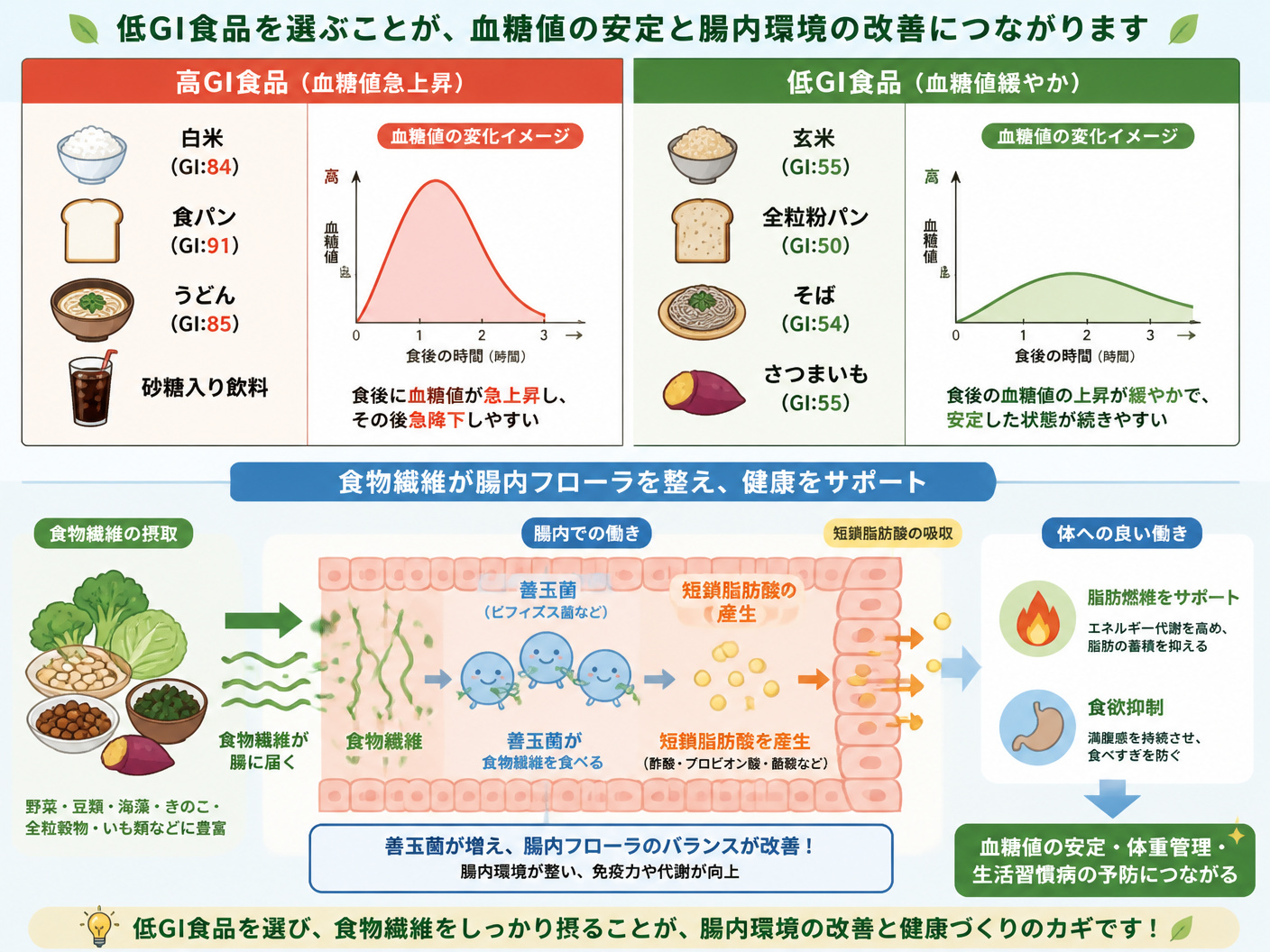 【文脈】低GI食品と高GI食品の比較、および食物繊維が腸内フローラに与える影響を視覚的に説明する図。読者が食品選びの基準を理解し、腸内環境改善の重要性を認識できるようにする。【図解指示】上部に2列の比較表。左列: 「高GI食品(血糖値急上昇)」、右列