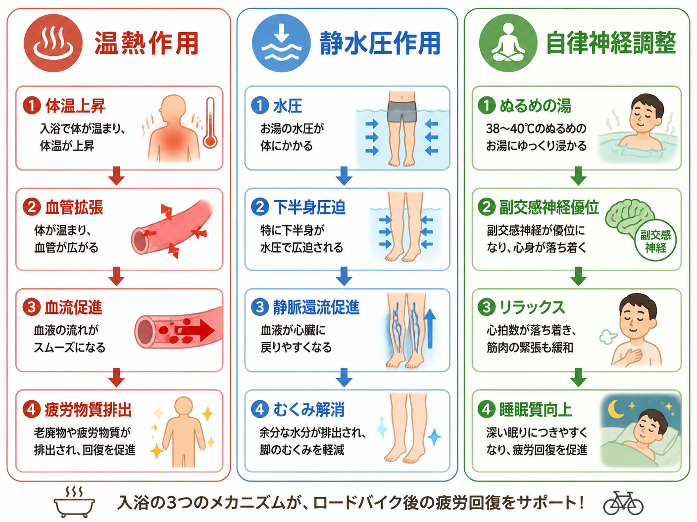 【文脈】入浴が疲労回復に働く三つのメカニズム(温熱作用・静水圧作用・自律神経調整)を視覚的に整理する図。読者はロードバイク後の疲労に悩むサイクリストで、メカニズムを直感的に理解したい。【図解指示】3つのメカニズムを横並び3列で比較する構造図。各列は角丸ボックスで囲み、上部にアイコン風のシンボルを配置。左列: 温熱作用(体温上昇→血管拡張→血流促進→疲労物質排出)、中央列: 静水圧作用(水圧→下半身圧迫→静脈還流促進→むくみ解消)、右列: 自律神経調整(ぬるめの湯→副交感神経優位→リラックス→睡眠質向上)。各ボックス内に簡潔なテキストと矢印で流れを示す。色分け: 温熱作用=赤系、静水圧作用=青系、自律神経調整=緑系。レイアウトは横並び3列、各列の幅は均等。