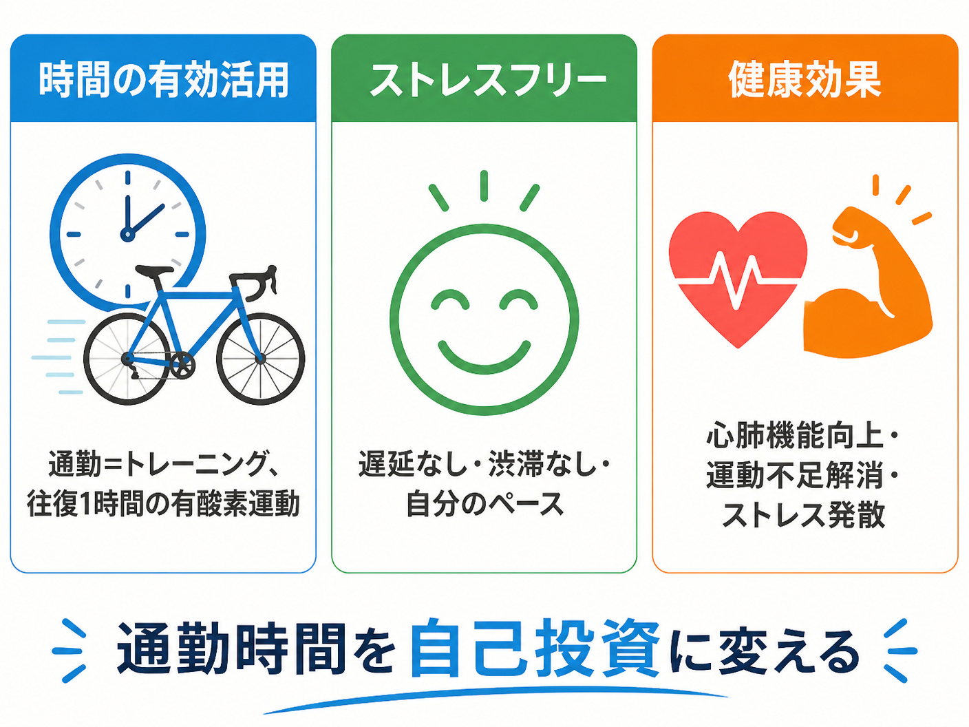 【文脈】ロードバイク通勤のメリットを視覚的に整理する図。通勤時間の有効活用、ストレスフリー、健康効果を対比して示す。読者は通勤手段の切り替えを検討中の会社員。【図解指示】3つのメリットを横並び3列で比較するインフォグラフィック。左列: 「時間の有効活