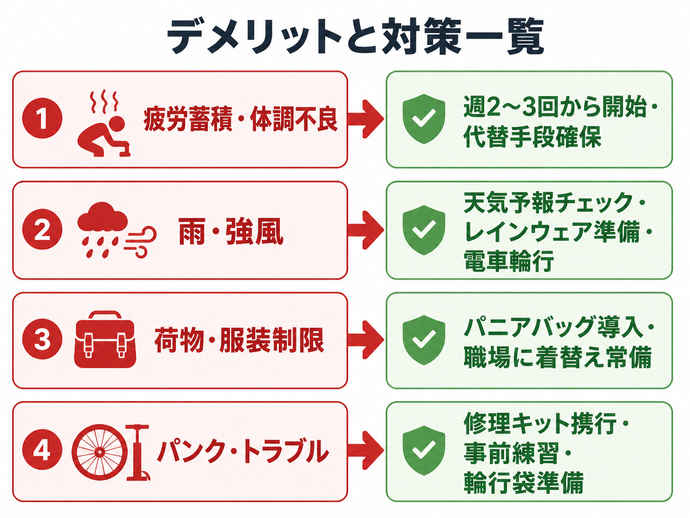 【文脈】ロードバイク通勤の主なデメリットとその対策を一覧で示す図。読者はデメリットを事前に把握し、対策を準備したいと考えている。【図解指示】4つのデメリットを縦に並べたフロー図。各項目は左側に問題、右側に解決策を配置。1行目: 問題「疲労蓄積・体調不
