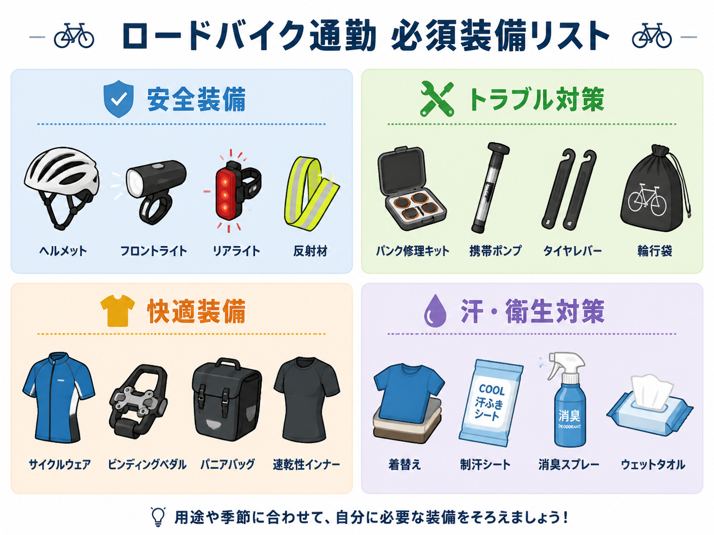 【文脈】ロードバイク通勤に必要な装備をカテゴリ別に整理した図。読者は「何を買えばいいか」を一目で把握したい。【図解指示】4つのカテゴリを2×2グリッドで配置した装備一覧図。左上: 「安全装備」（ヘルメット、フロントライト、リアライト、反射材）。右上: