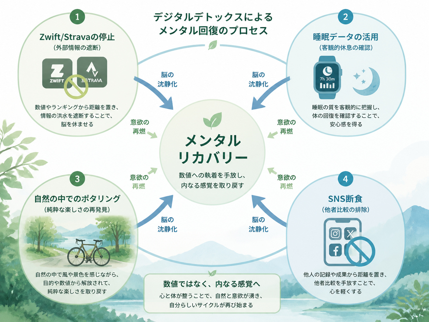 【文脈】デジタルデトックスによるメンタル回復のプロセスを示す構造図。数値への執着を捨て、内面的な感覚を取り戻す重要性を伝える。【図解指示】中心に「メンタルリカバリー」を配置した円状の構造図。周囲に4つの要素を配置。1. Zwift/Stravaの停止（外部情報の遮断）、2. 睡眠データの活用（客観的休息の確認）、3. 自然の中でのポタリング（純粋な楽しさの再発見）、4. SNS断食（他者比較の排除）。中心に向かう矢印は「脳の沈静化」を、外に向かう矢印は「意欲の再燃」を表現。落ち着いた緑と青の配色。テキストは日本語。