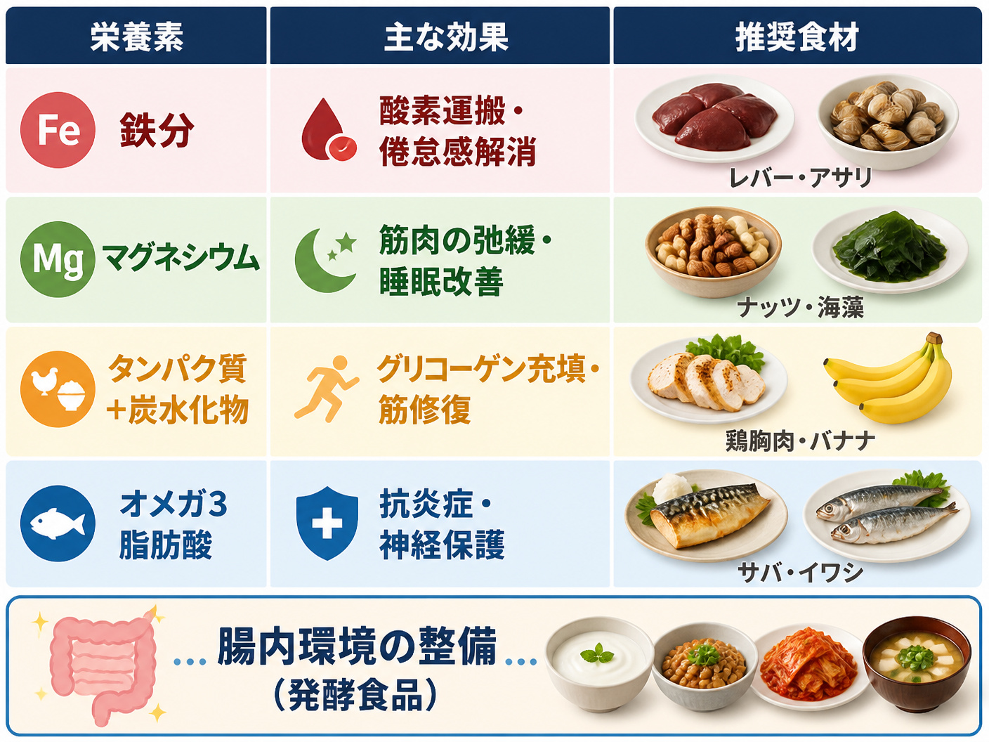 【文脈】復帰を加速させるための栄養戦略を整理した比較表。必要な栄養素とその効果、具体的な食材を一覧化する。【図解指示】3列の比較表。1列目（栄養素）: 鉄分、マグネシウム、タンパク質+炭水化物、オメガ3脂肪酸。2列目（主な効果）: 酸素運搬・倦怠感解消、筋肉の弛緩・睡眠改善、グリコーゲン充填・筋修復、抗炎症・神経保護。3列目（推奨食材）: レバー・アサリ、ナッツ・海藻、鶏胸肉・バナナ、サバ・イワシ。行ごとに背景色を変えて視認性を高める。最下部に「腸内環境の整備（発酵食品）」を共通の土台として描画。テキストは日本語。