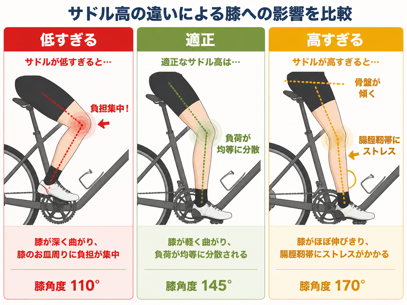 【文脈】サドル高の適正範囲と、高すぎる場合・低すぎる場合の膝への影響を比較する図。読者は、自分のサドル高が適切かどうかを視覚的に判断したい。【図解指示】サドル高の違いによる膝への影響を比較する3段階のイラスト図。左から「低すぎる」「適正」「高すぎる」