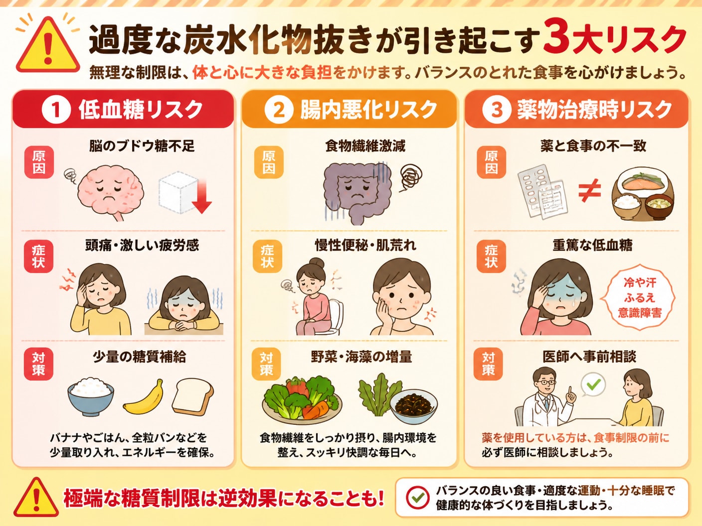 過度な炭水化物抜きが引き起こす健康リスクと対策の比較図