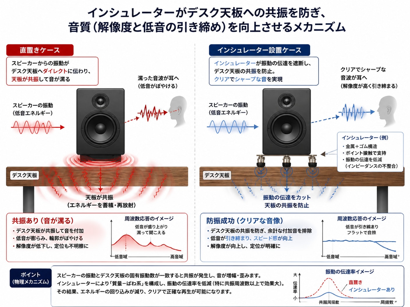 スピーカー直置きとインシュレーター設置によるデスク天板の振動伝播の違いを示す比較図