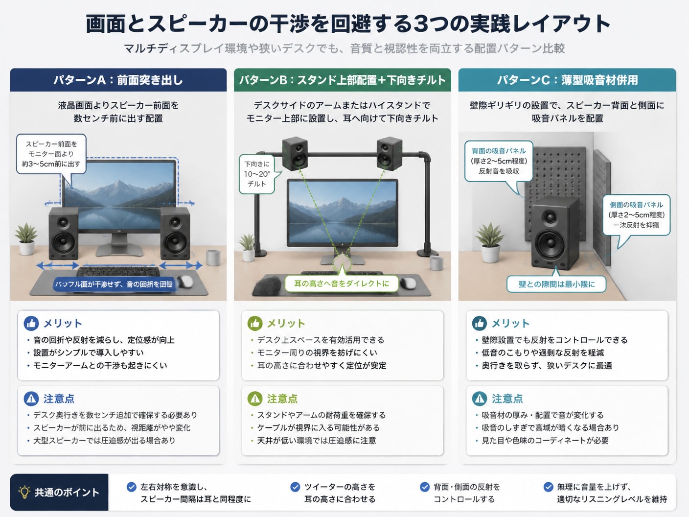デュアルモニターや狭い机で画面干渉を回避するスピーカー配置の比較図