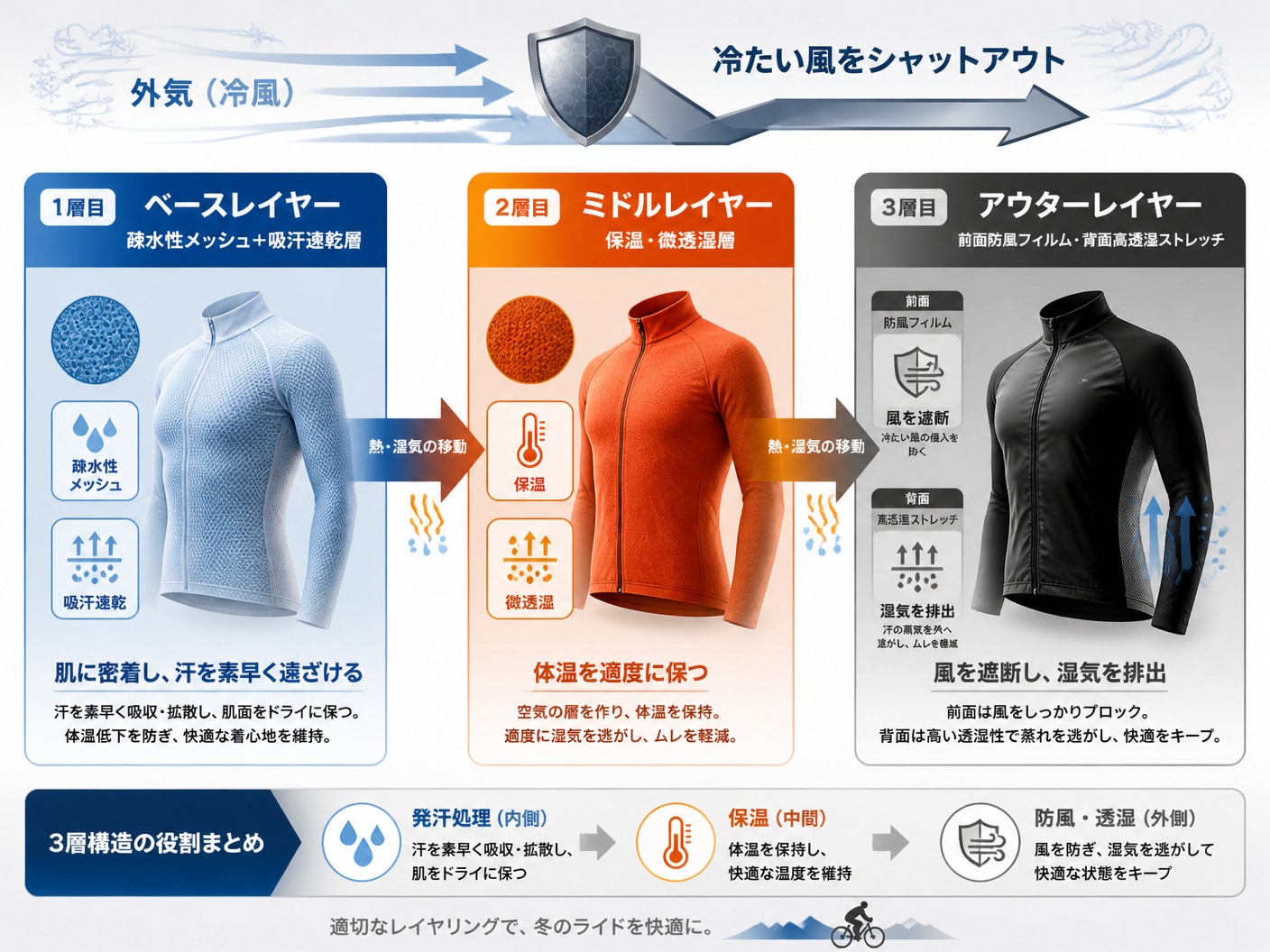 ロードバイクの冬用レイヤリング（ベース・ミドル・アウター）の役割と防風・透湿の仕組みを示す構造図
