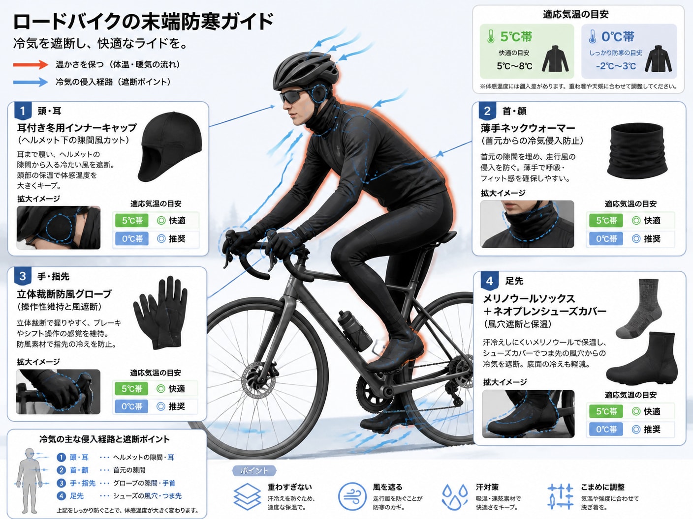 頭部・首・手指・足先などロードバイクの末端部位を防寒するアクセサリー配置と機能解説図