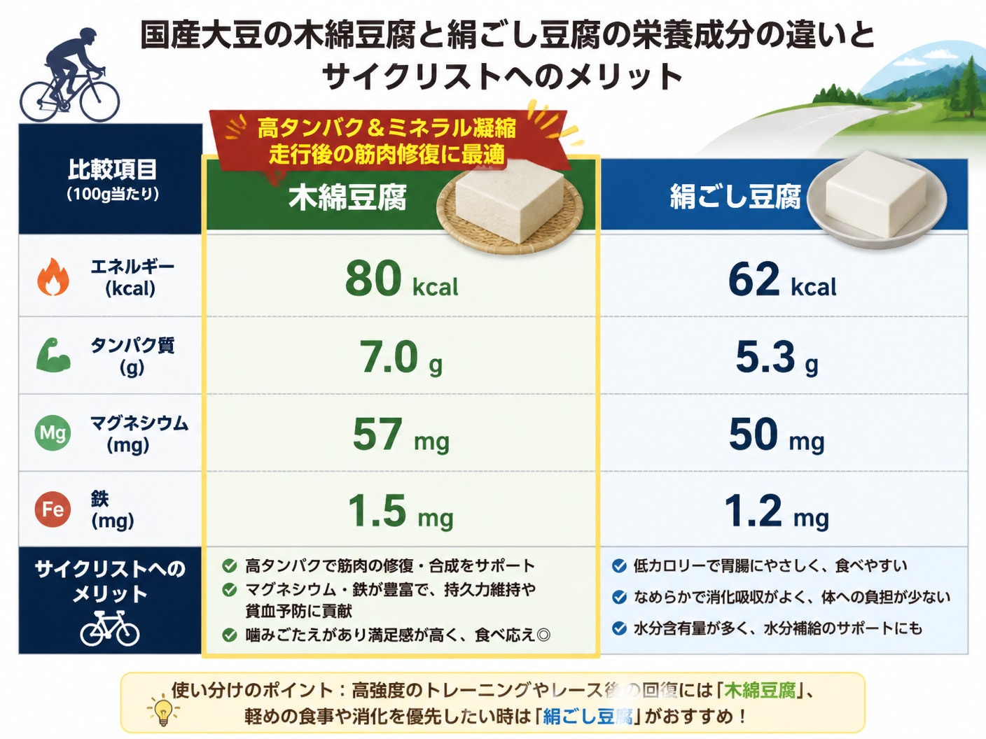 木綿豆腐と絹ごし豆腐の可食部100g当たりにおける栄養成分とタンパク質・ミネラル量の比較表