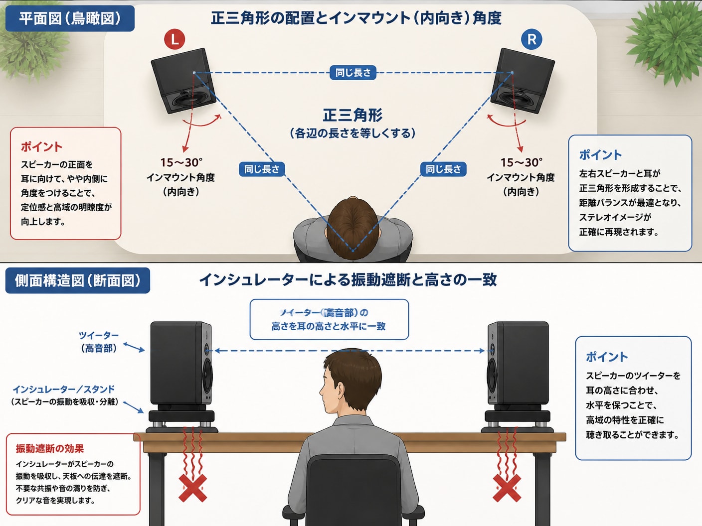 音質を引き出すスピーカーの正三角形配置ルールとインシュレーターによる振動遮断の構造図