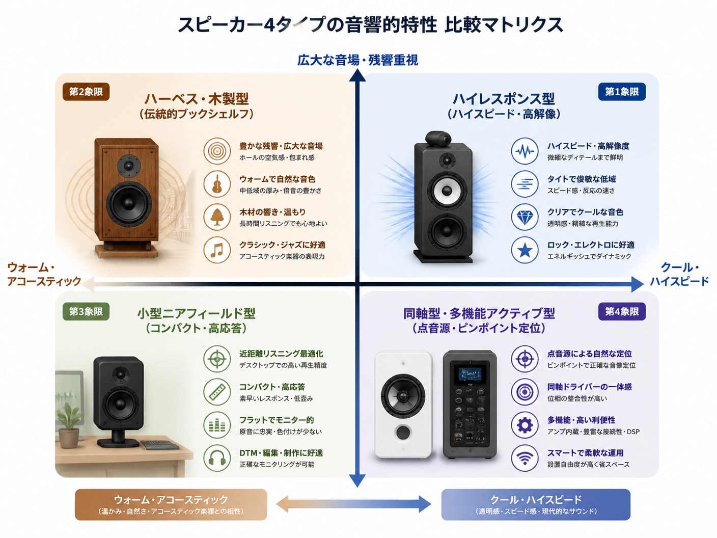 オーケストラ向けスピーカーの設計思想別ポジショニングマップ