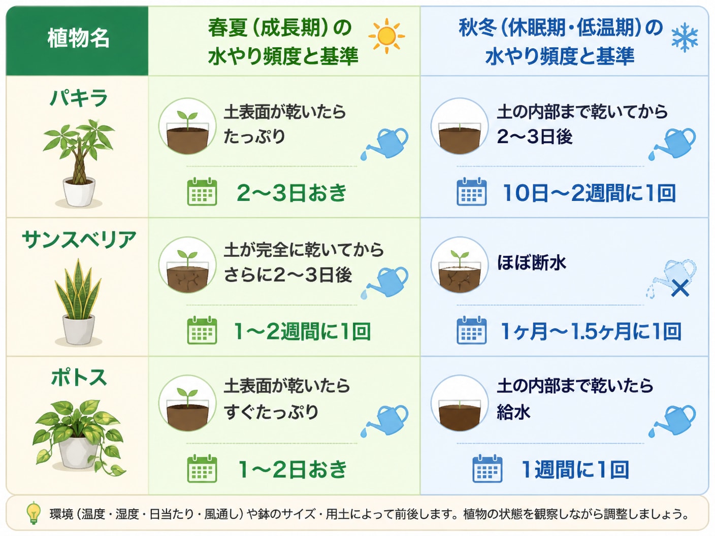 パキラ・サンスベリア・ポトスの季節別水やり頻度とタイミングをまとめた比較表