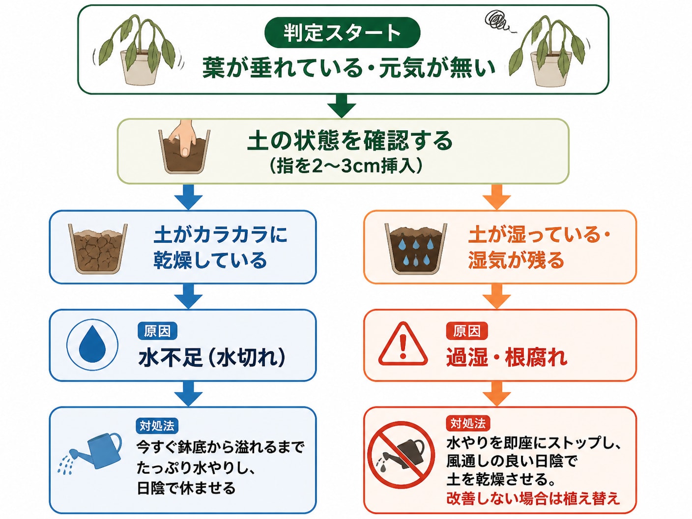 葉が垂れた際の原因が水不足か根腐れかを土の湿度で診断するフローチャート
