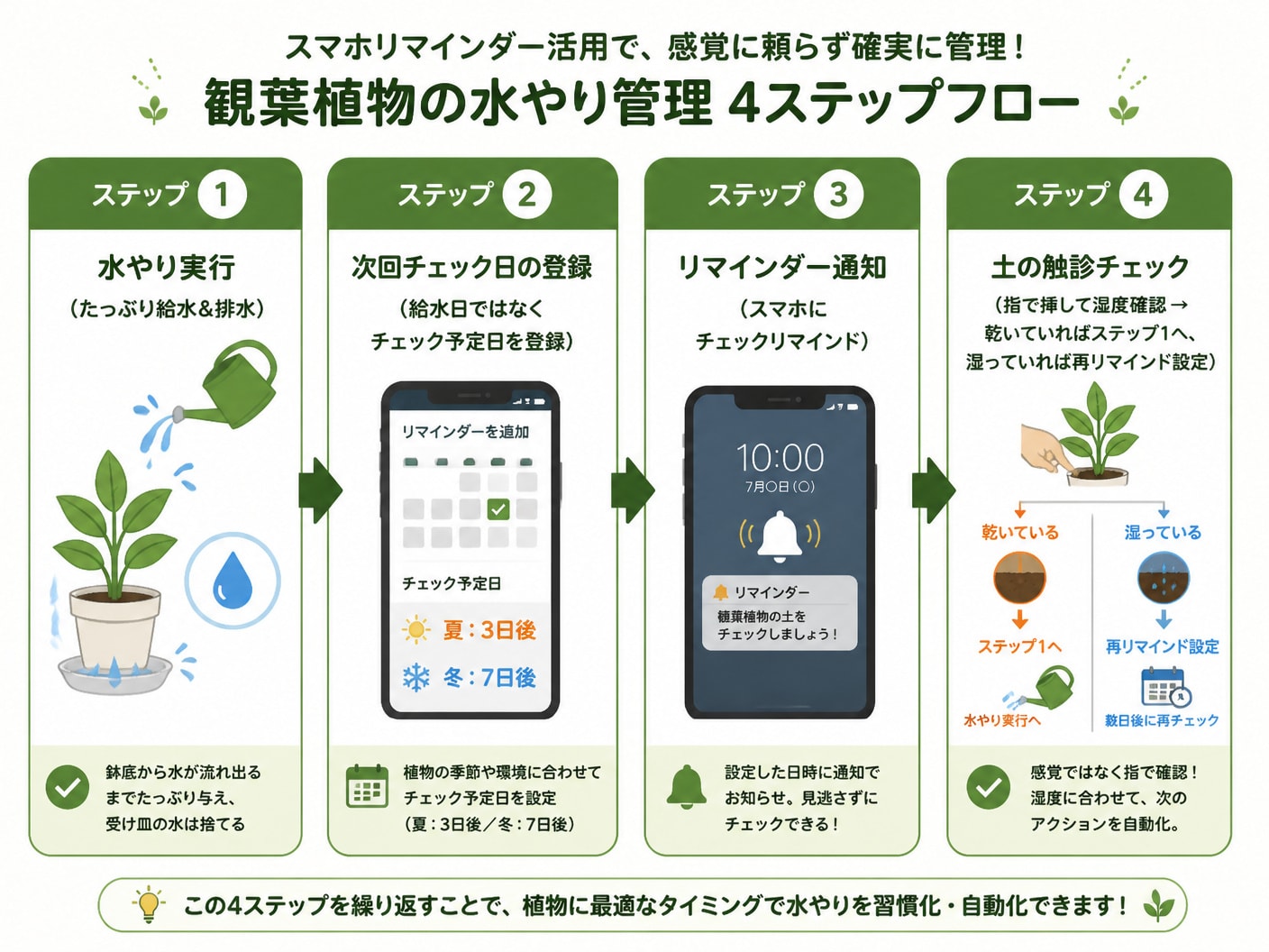 スマートフォンのリマインダー機能を活用した水やり管理の4ステッププロセス