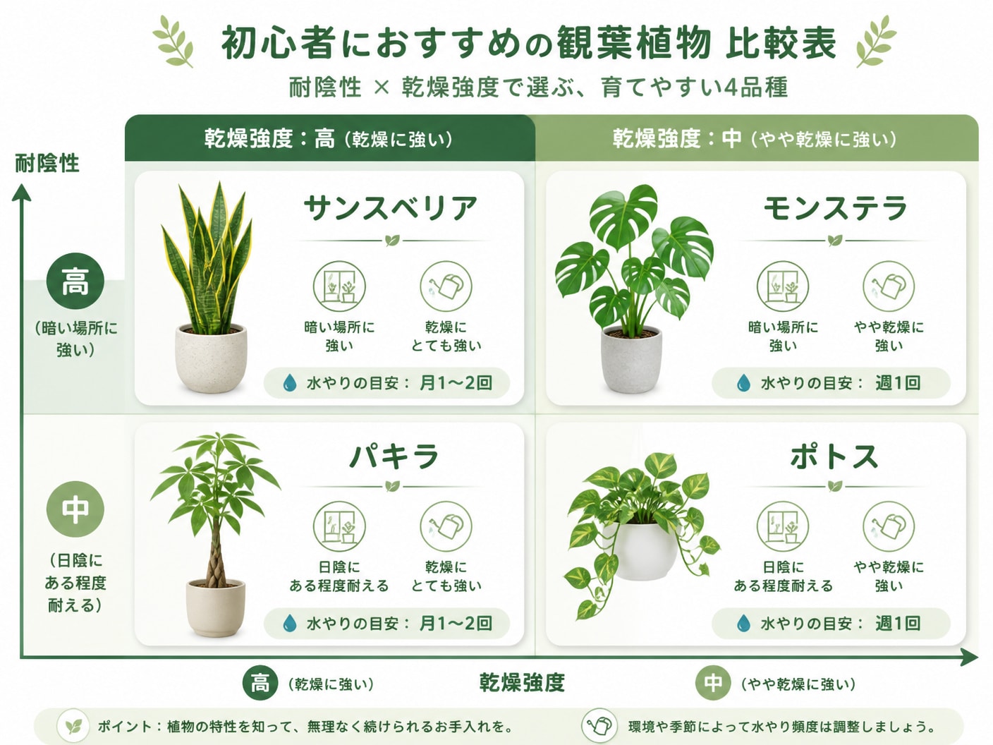 初心者向け観葉植物4品種の耐陰性と乾燥への強さを比較したマトリクス図