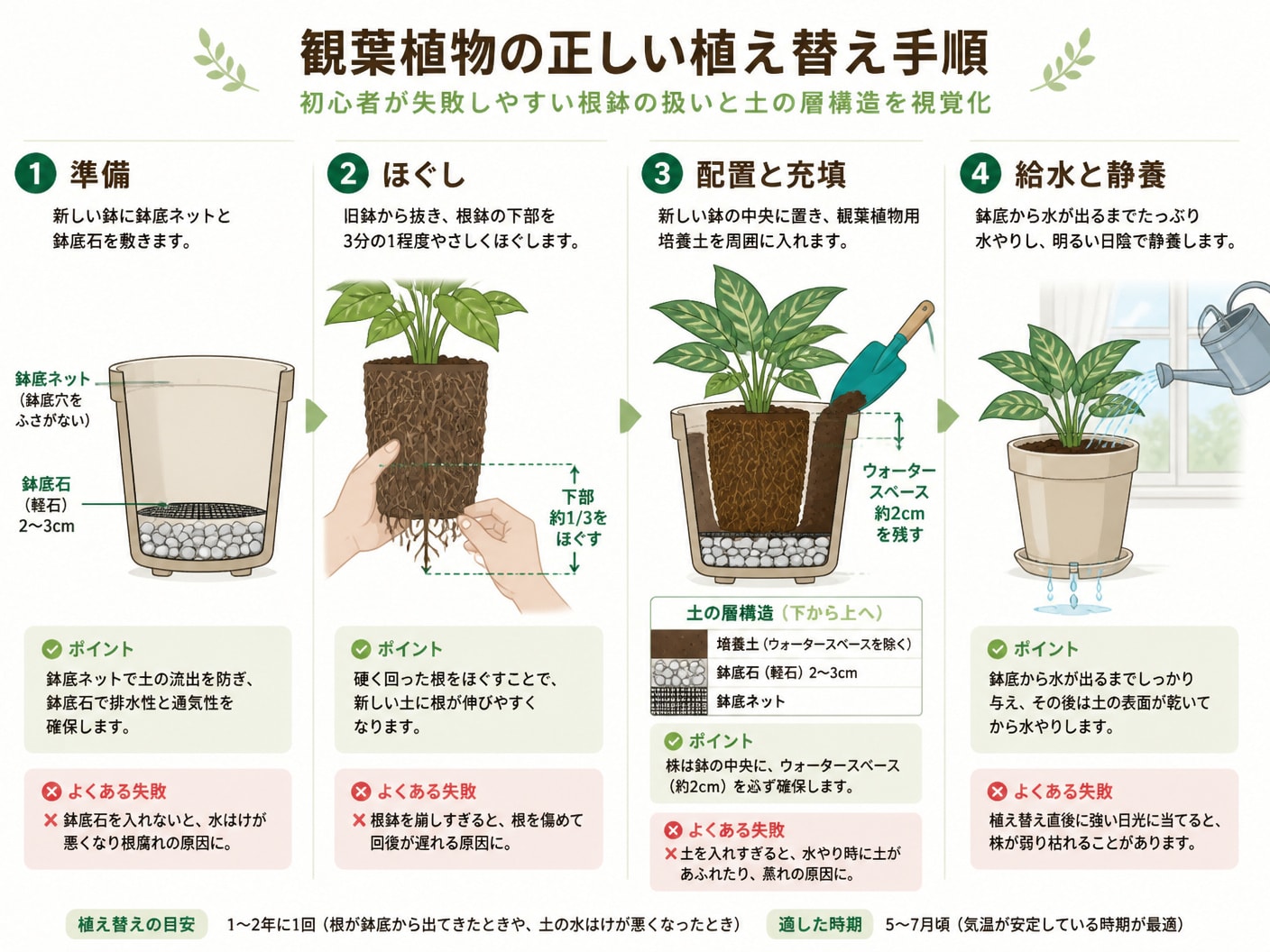 観葉植物の植え替え4ステップ手順と鉢内部の構造を示したフロー図