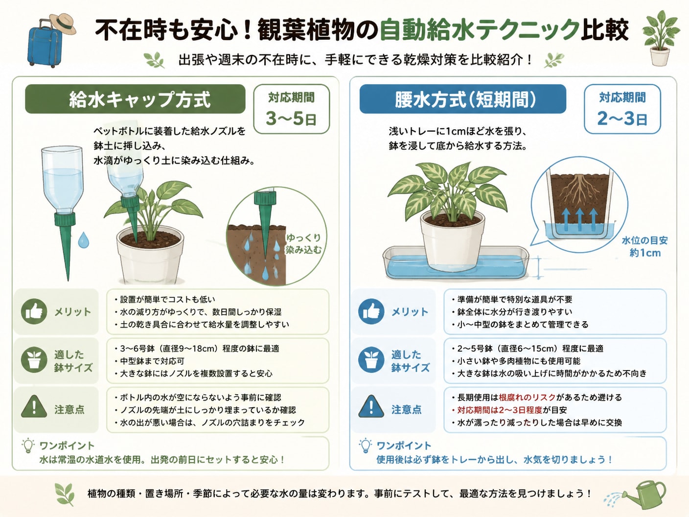 留守中の水切れを防ぐ給水キャップ方式と腰水方式の仕組み比較図