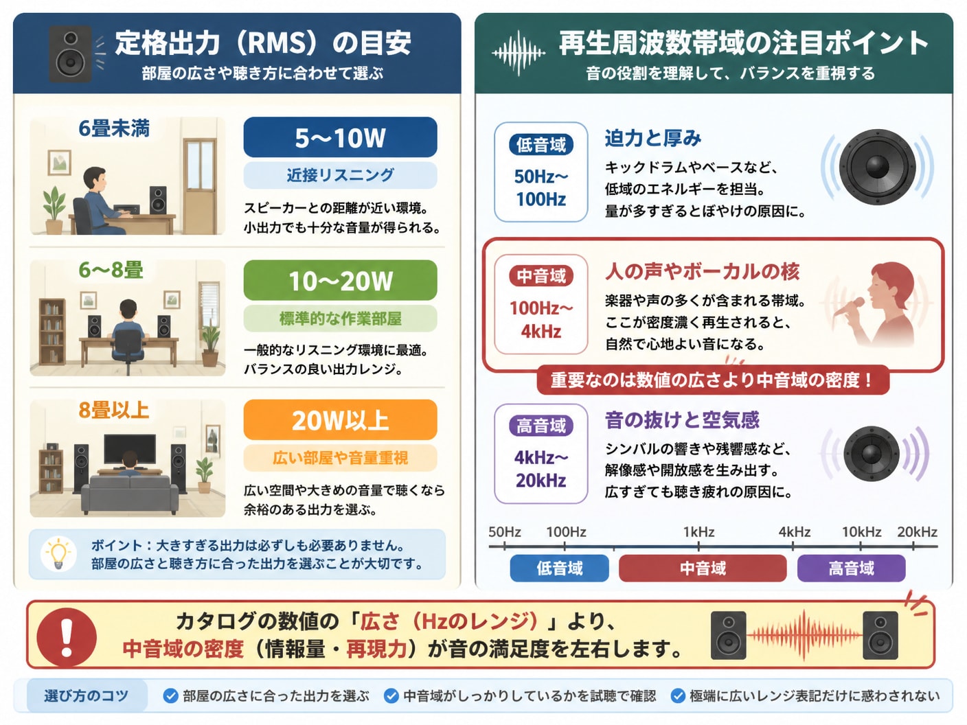 定格出力ワット数の広さ別目安と再生周波数帯域の各音域の役割を示したスペック対照図