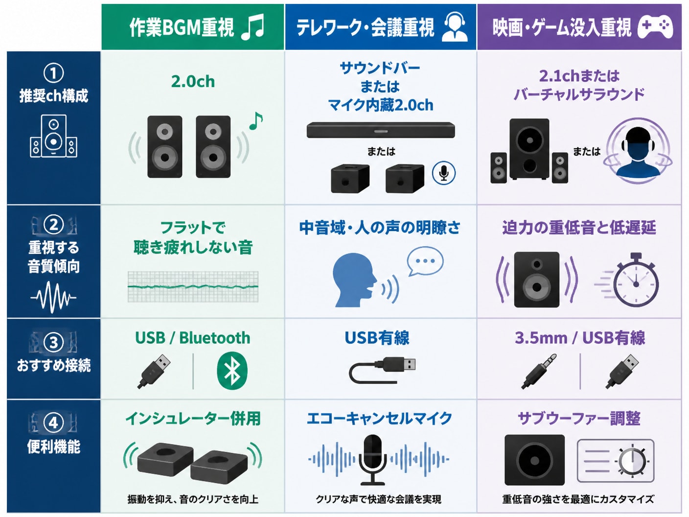 用途別に適したPCスピーカーのチャンネル構成や接続方式をまとめた選定マトリクス表
